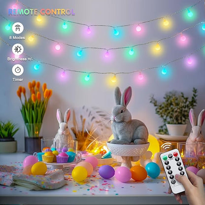 JMEXSUSS 100 LED Easter Lights Battery Operated, 33ft Multicolor Globe String Lights with Remote, 8 Mode Fairy Light Indoor Outdoor Waterproof for Bedroom Room Party Easter Decoration