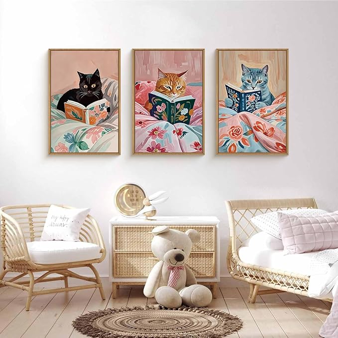 HPNIUB Cute Reading Cat Framed Wall Art Set,Funny Black Cat Animal Book Wall Decor,Vintage Colorful Pink Aesthetic Art Print Artwork for Nursery Girls Bedroom,Bathroom,Office-24''x36''x3
