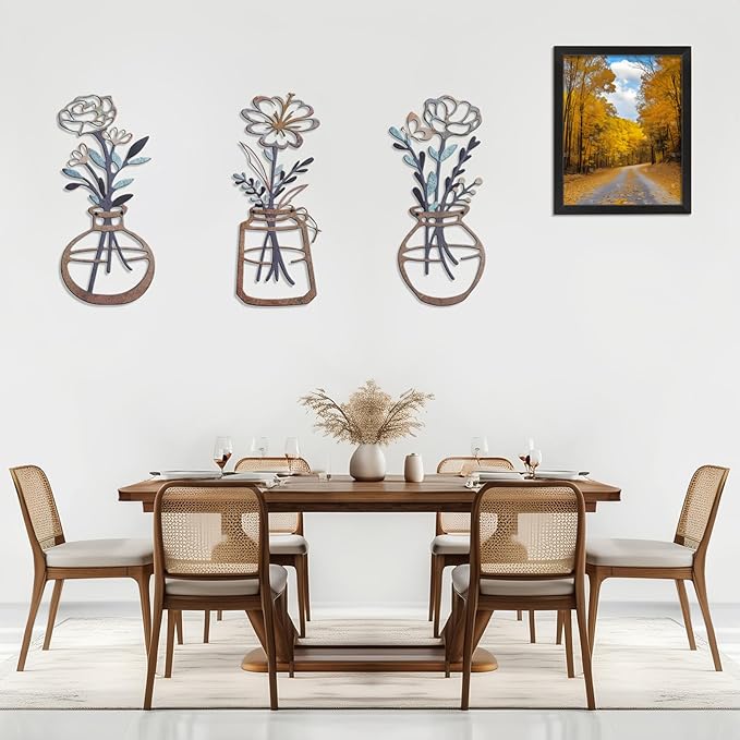 Lcaughsy Metal-Wall-Decor Living Room - 3 Pcs Metal Bathroom Wall Art Floral Vase and Picture Frame for Decoration- Hanging Display Wall Decor Art for Home Dining Room Bedroom Kitchen Farmhouse,Brown