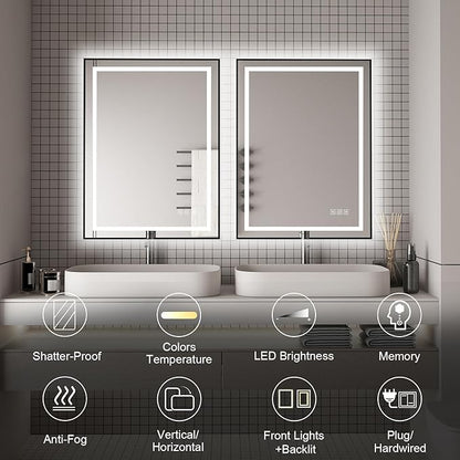 20x28 inches Rectangular Aluminum Black Framed LED Mirror, Smart Bathroom Mirror with Lights, Anti-Fog, Tempered Glass, 3 Colors Dimmable, Front and Backlit, Wall Mounted, Memory