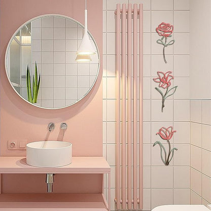 Oubasa 3 Pieces Metal Flowers Wall Art Decor, Rustic Farmhouse Metal Wall Ornament Arts Pink Minimalist Floral Decor for Bathroom Kitchen Bedroom Living Room, 6x10 Inches - Housewarming Gifts