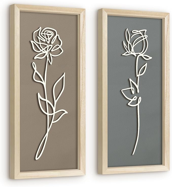 VIYYIEA Wooden 3d Floral Bathroom Wall Decor, Ready-to-Hang Framed Wall Art For Living Room, Bedroom and Office, Boho Botanical Farmhouse Decoration, Lightweight but Valuable Gift (7x16 In, set of 2)