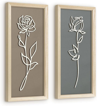VIYYIEA Wooden 3d Floral Bathroom Wall Decor, Ready-to-Hang Framed Wall Art For Living Room, Bedroom and Office, Boho Botanical Farmhouse Decoration, Lightweight but Valuable Gift (7x16 In, set of 2)