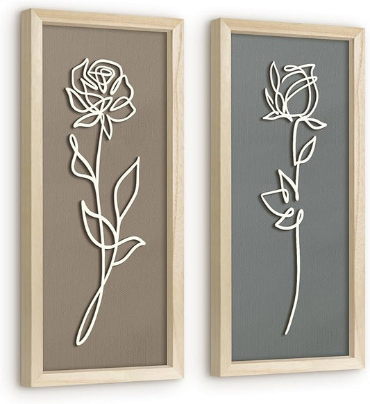 VIYYIEA Wooden 3d Floral Bathroom Wall Decor, Ready-to-Hang Framed Wall Art For Living Room, Bedroom and Office, Boho Botanical Farmhouse Decoration, Lightweight but Valuable Gift (7x16 In, set of 2)