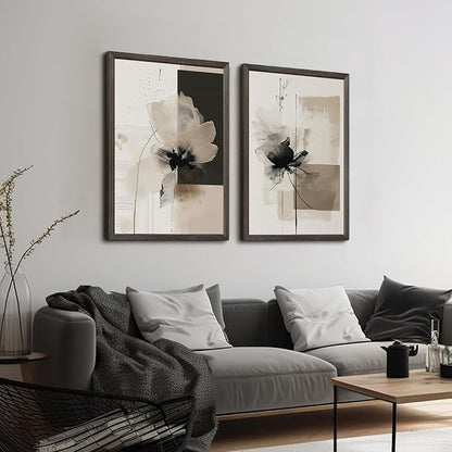 Tocliky Modern Abstract Floral Wall Art Minimalist Neutral Canvas Painting Decor Beige Cream And Black Wall Art Contemporary Flower Picture Prints for Living Room Bedroom 24x36 Inch Framed Set of 2