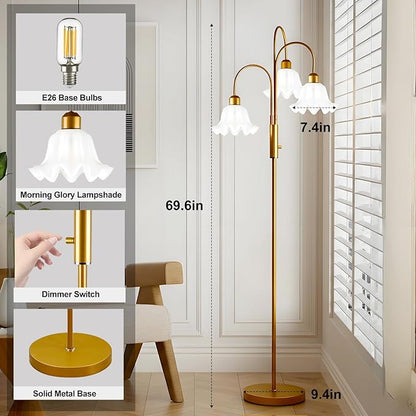70'' Flower Floor Lamp, Vintage Floral Floor Lamp with 3000K Warmwhite Bulbs for Wedding/Party, 3 Light Gold Standing Tall Lamps with 5Lbs Heavy Base for Living Room Bedroom