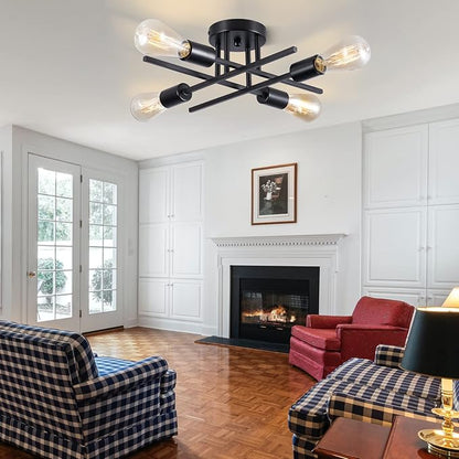 Sputnik Chandeliers, Modern Semi Flush Mount Ceiling Light with E26 Base, Mid Century Industrial Kitchen Farmhouse Light Fixtures for Bedroom Living Room (Black, Ceiling 4 Lights)