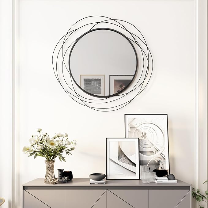 ironsmithn Round Wall Mirror, Black Metal Frame Mirror with Orbital Design, Rounded Hanging Mirrors Decorative, Circle Mirrors for Bathroom Vanity Living Room Bedroom, 26.8" x26.8"