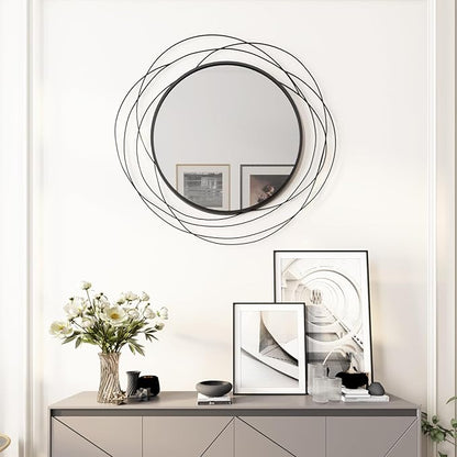 ironsmithn Round Wall Mirror, Black Metal Frame Mirror with Orbital Design, Rounded Hanging Mirrors Decorative, Circle Mirrors for Bathroom Vanity Living Room Bedroom, 26.8" x26.8"