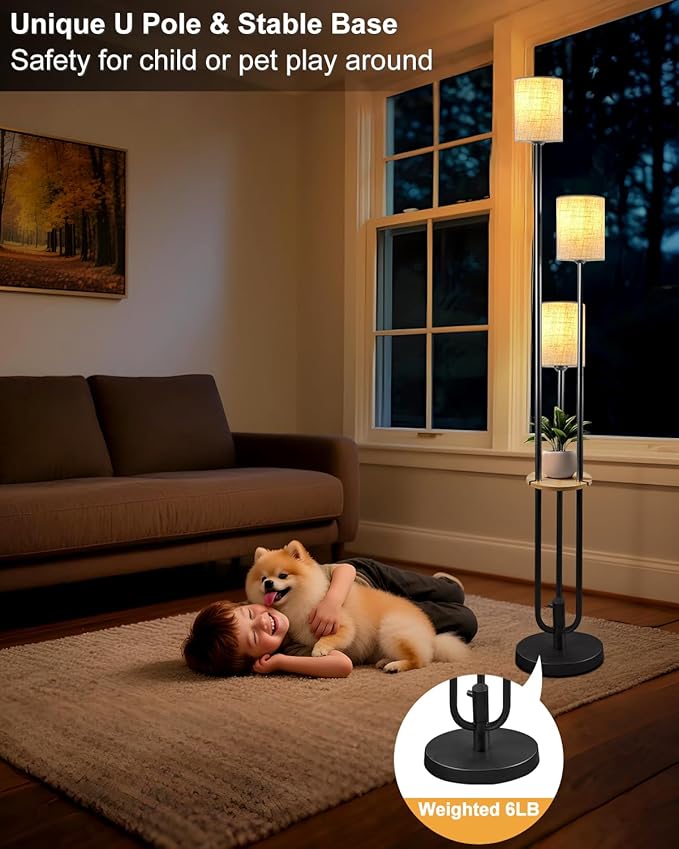 63IN Dimmable Floor Lamp with Shelf, Unique Black Tall Standing Lamps with Table, 3000K Warmwhite Mid Century Modern Floor Lamp with 5Lbs Heavy Base for Living Room/Bedroom (Bulbs Included)