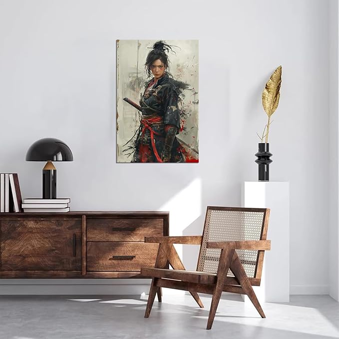 Japanese Female Samurai Wall Art Woman Fight Painting Canvas Prints Warrior Figure Pictures Bushido Posters Japanese Culture Theme Artwork for Bedroom Living Room Decor (24''W x 36''H)
