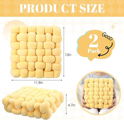 Wenqik 2 Pcs Knot Pillows Square Knotted Plush Throws Soft Accent Pillows Decoration Cushion for Couch Home Office Living Room Bedroom Bed Sofa Decor, 12'' x 13''(Goose Yellow,Crystal Velvet)