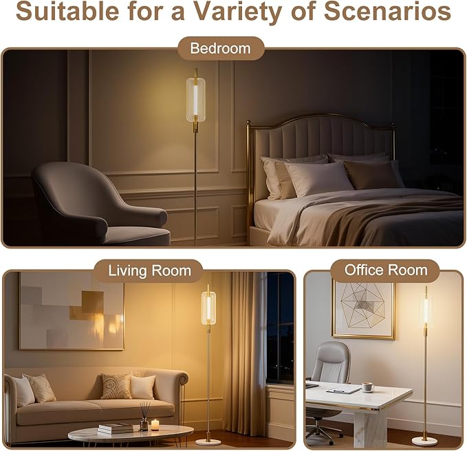 KIVDITZO Dimmable Glass Floor Lamps for Living Room, Modern Standing Floor Lamp with Glass Lampshade, Marble Base, 64" Tall Lamp with Touch Switch for Bedroom Office Living Room
