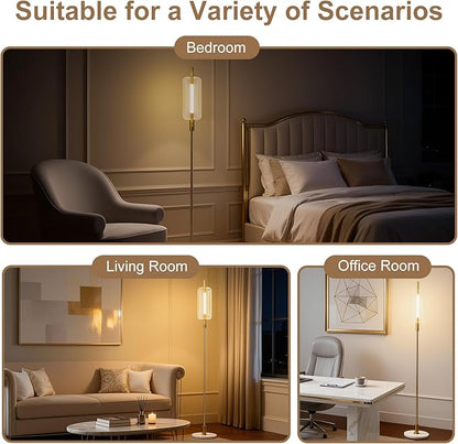 KIVDITZO Dimmable Glass Floor Lamps for Living Room, Modern Standing Floor Lamp with Glass Lampshade, Marble Base, 64" Tall Lamp with Touch Switch for Bedroom Office Living Room