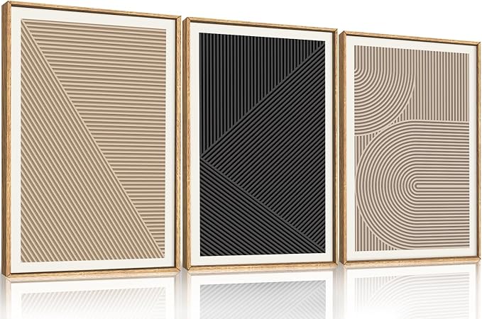 HPNIUB Abstract Neutral Framed Wall Art Set,Mid Century Modern Wall Decor,Boho Geometric Line Art Print,Beige Minimalist Textured Artwork for Living Room, Bedroom,Office-24 x36 x3