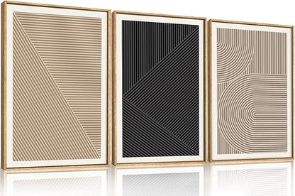 HPNIUB Abstract Neutral Framed Wall Art Set,Mid Century Modern Wall Decor,Boho Geometric Line Art Print,Beige Minimalist Textured Artwork for Living Room, Bedroom,Office-16''x24''x3