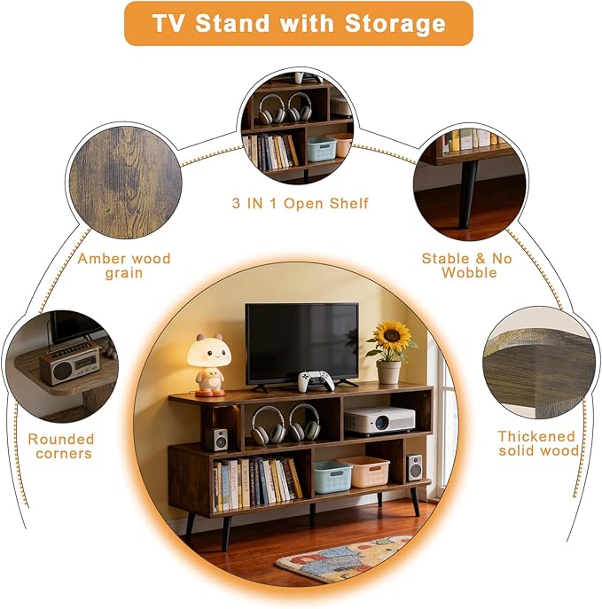 Lightdot 65 Inch TV Stand, up to 75 Inch TVs, Large Storage for Collection with 8 Open Shelves, Sturdy Media Console Table for Living Room/Entrance/Kitchen/Sofa Cabinet, Easy Assembly, Amber