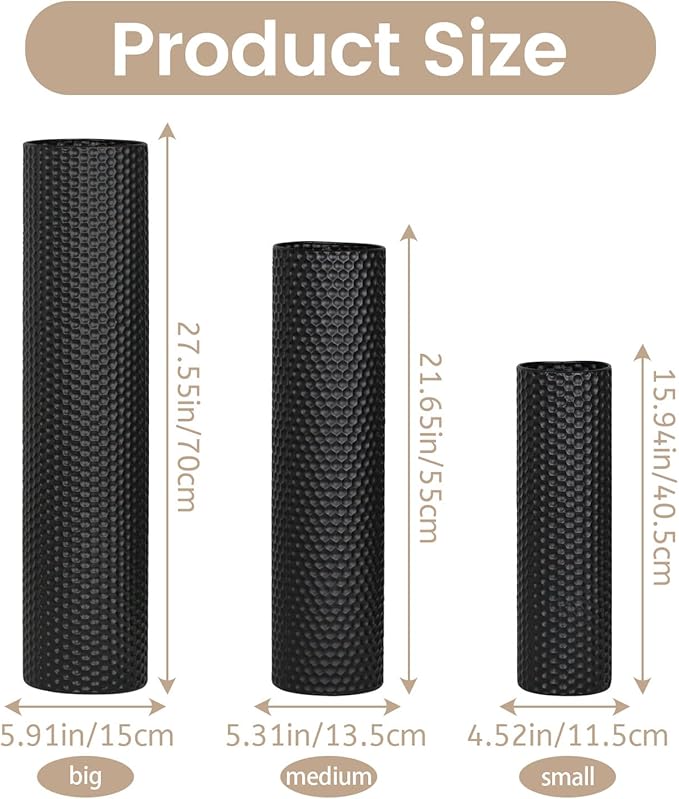 Dnnnii Tall Floor Vases Set of 3 - Black Metal Cylinder Vases for Living Room Corner, Modern Honeycomb Texture, Extra Large Standing Decor (Tallest 27.6in, Home Bedroom Dining Decor)