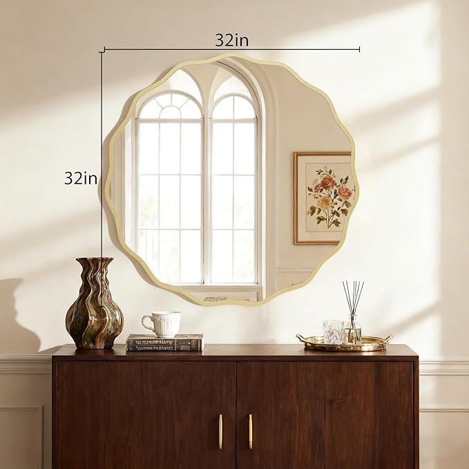 HOMECOOKIN 32" Wavy Round Wall Mirror, Gold Scalloped Circle Mirror Edge Round with Metal Frame, Modern Decorative Hanging/Leaning Mirrors for Bathroom, Hotels, Hallway, Entryway, Vanity, Office