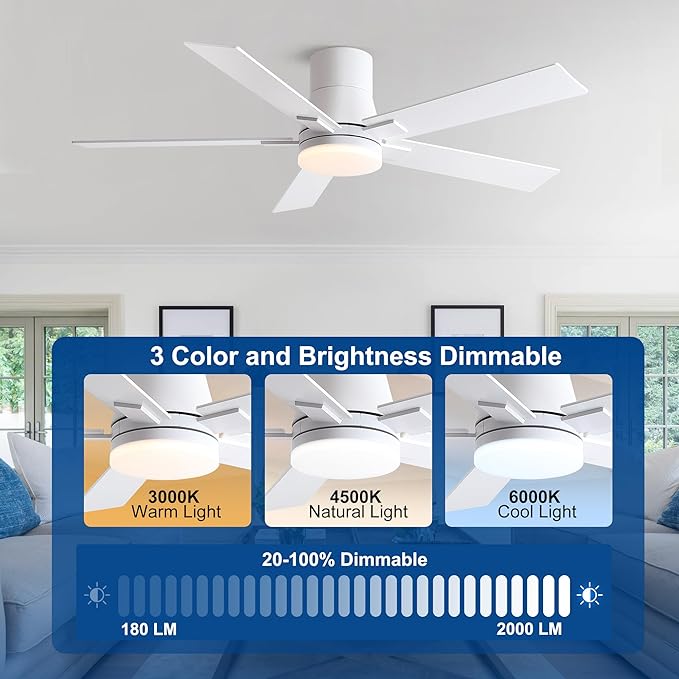 52 Inch Ceiling Fans with Lights and Remote,Flush Mount White Ceiling Fan with 5 Blades,6 Speed Reversible DC Motor,3CCT Dimmable LED-Low Profile Design for Bedroom, Living room & Covered Outdoor
