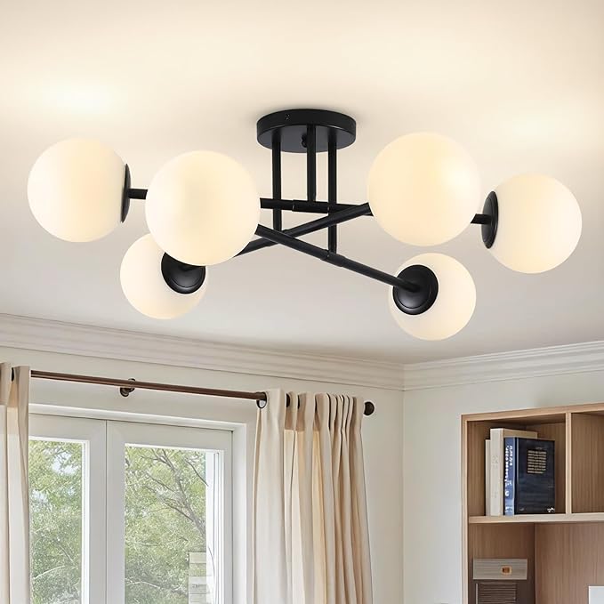 6-Light Glass Sputnik Chandeliers Black Sputnik Ceiling Light Fixture with Milk White Glass Globe Flush Mount Ceiling Light Fixture for Dining Room Farmhouse Kitchen Living Room Bedroom