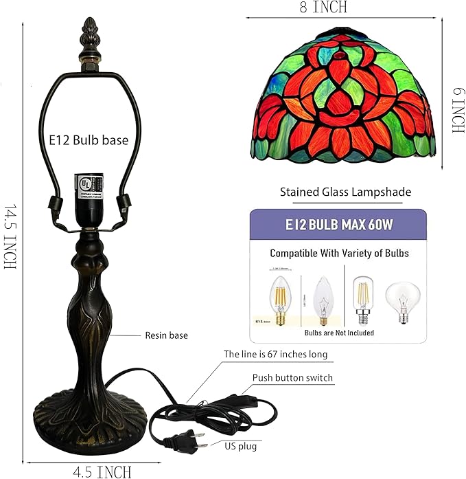 Tiffany Style Lamp Stained Glass Table Lamp 8 x 14.5 Mini Accent Light Lotus Design Small Decorative Bedside Memory Lamp