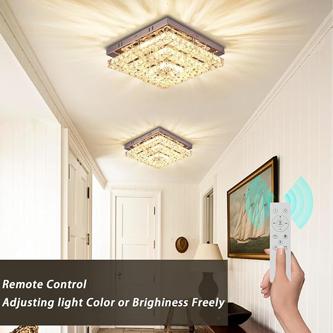 Crystal Chandeliers Crystal LED Ceiling Light 11.8" Square Flush Mount Modern Chandelier Ceiling Lights Fixtures for Bedroom Dining Room Hallway Dimmable by Remote Control