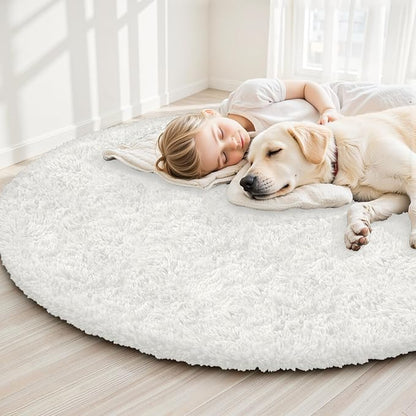 White Round Fluffy Rug 6ft,Soft Bedroom Circle Rugs Mats for Kids Girls Nursery Room,Washable Plush Shaggy Indoor Non Slip Rug for Bedside Living Room Bedroom Circular Carpet,Home Decor Aesthetic