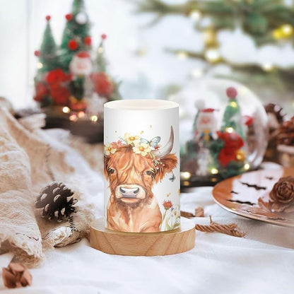 ALAZA Kawaii Highland Cow Butterflies Flickering Flameless Candles Battery Operated with Remote Timer,Tea Light Candles LED Pillar Votive Candles Set of 2 for Outdoor Indoor Decorations