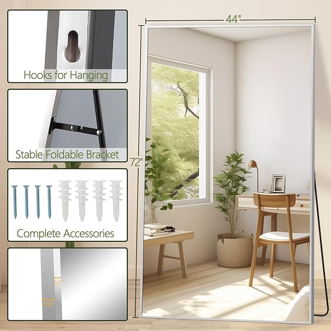 MELOMOIR 44"x72" Oversized Floor Mirror, Free Standing Leaning or Hanging, Suitable for Bedroom Living Room Home Gym Cloakroom, Thin Aluminum Frame, Tempered Glass, Silver