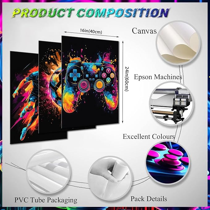 BGFCE Canvas Wall Art Poster Decor, Paintings Art Game Controller Color Splash Ink Canvas Painting, Posters for Room Aesthetic, Soccer Wall Art for Boys Room Decor 16x24 - Unframed Set of 3