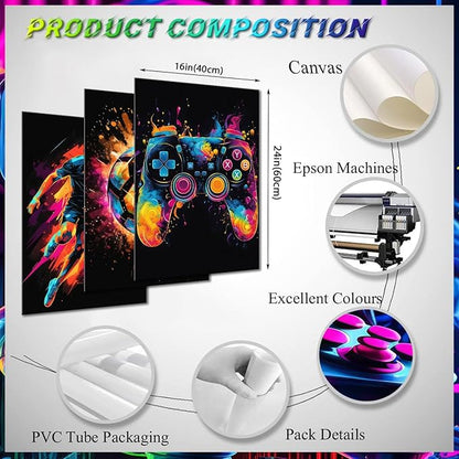 BGFCE Canvas Wall Art Poster Decor, Paintings Art Game Controller Color Splash Ink Canvas Painting, Posters for Room Aesthetic, Soccer Wall Art for Boys Room Decor 16x24 - Unframed Set of 3