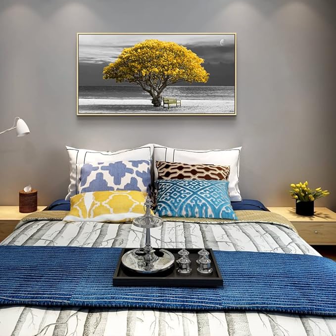 Framed Canvas Wall Art For Living Room & Bedroom - Large Size Black And White Scenery - Boho Home Decor - Yellow Trees - Natural Wood Frames