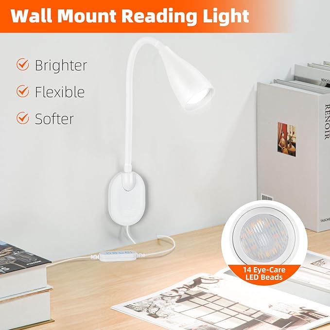 LiFMIRA Wall-Mounted LED Bedside Reading Light with USB Charging Port, 10-Level Dimmable & Adjustable 5 Color, Plug-in Adhesive Night Lamp for Books in Bed, Eye-Caring Bedroom Lighting (White 2 Pack)