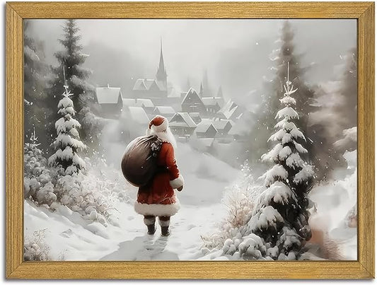 Vintage Christmas Canvas Wall Art, Wood Framed Santa Claus Wall Decor Painting, Rustic Farmhouse Winter Snow Scene Poster Print Picture 8x10 inch, Best Holiday Decor for Living Room Bedroom Home
