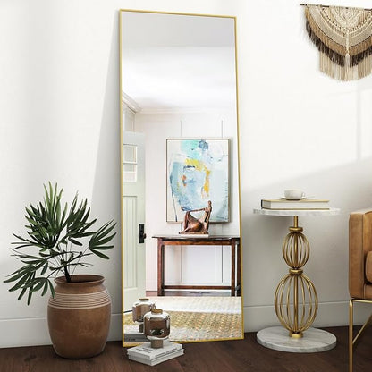 VooBang Mirror Full Length, 21" x 64" Floor Mirror with Stand, Aluminum Alloy Frame Full Body Mirror, Standing Hanging or Leaning Against Wall for Bedroom and Living Room, Gold