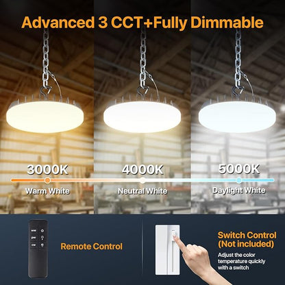LED Shop Lights 150W - 18000LM UFO LED High Bay Light with 3 CCT Adjustable, 10%-100% Dimmable Remote Control IP65 Waterproof Garage Lighting for Workshop, 4 Packs