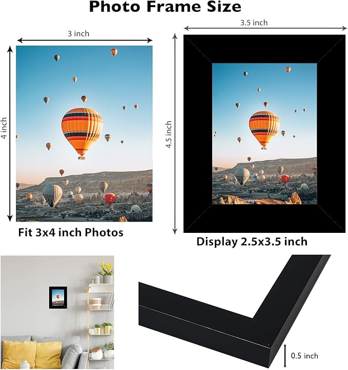 JCJMY 3x4 Picture Frame Set of 6 for Tabletop or Wall, 3 x 4 Wall Gallery Poster Photo Frame with Shatter Resistant Plexiglass, 6 Pack, Black
