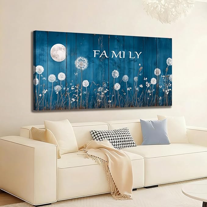 BQVCT Blue Dandelion and Moon Wall Art 24x48 Inch Large Gallery Wrapped Canvas Print Floral Botanical Decor on Rustic Wood Texture Ready to Hang for Living Room Bedroom