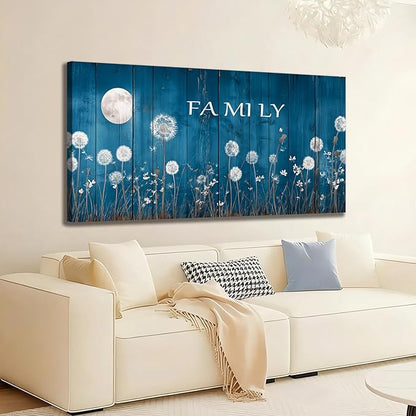 BQVCT Blue Dandelion and Moon Wall Art 30x58 Inch Large Gallery Wrapped Canvas Print Floral Botanical Decor on Rustic Wood Texture Ready to Hang for Living Room Bedroom