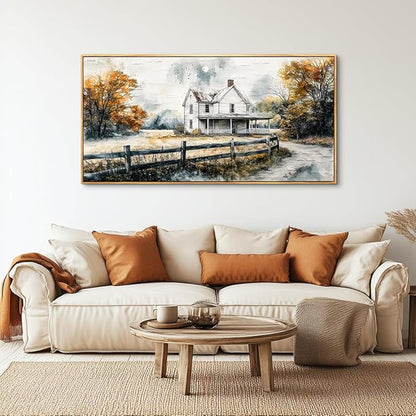 QIYILEXWART Wood Framed Large Wall Decor For Living Room Canvas Wall Art For Office Wall Decoration For Bedroom White Hut Painting Farmhouse Watercolour Picture Home Decor Artworks Ready To Hang