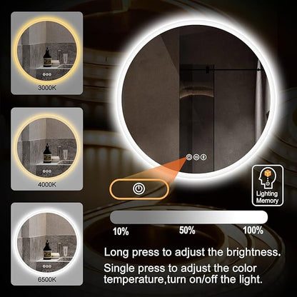 S·BAGNO 28’’ Round Led Bathroom Mirror with Lights, Backlit and Front Lighted, Anti-Fog Wall-Mounted Vanity Mirror 3000K/4000K/6500K, Dimmable Inside Bluetooth Speaker Smart Mirror