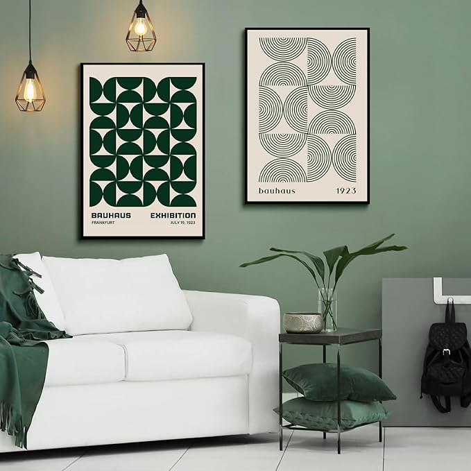 2Pcs Bauhaus Mid Century Modern Wall Art Retro Exhibition Posters Prints Green Boho Geometric Abstract Minimalist Wall Decor Pictures for Bedroom iving Room Dining Room UNFRAMED (Green, 16x24in)