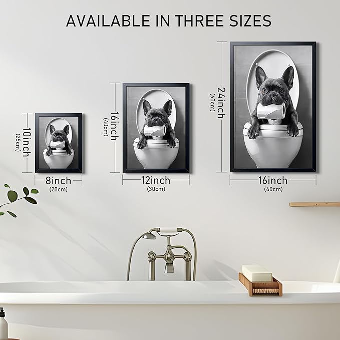Funny French Bulldog Bathroom Canvas Wall Art, Black and White Frenchie Poster Decor, Cute Puppy Toilet Painting Print Picture Wall Decor for Farmhouse Restroom Washroom Home Decoration 8x10 Inch Framed