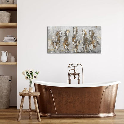 LoveHouse Gray and Gold Horse Wall Art Large Running Horses Canvas Print Horses Painting Wall Decor 24"x48"
