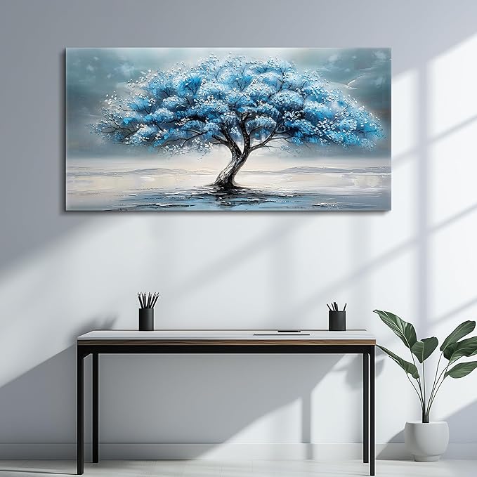 FUHAIHUA Large Wall Decor For Living Room Canvas Wall Art For Bedroom Office Decorations Blue Tree Paintings Abstract Wall Pictures Artworks ReadyTo Hang Framed Mural Home Decor Posters Art 60"X30"
