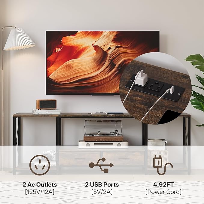 LED TV Stand with 2 Fabric Drawer - 63" Industrial TV Console Table with Open Storage Shelves for Living Room,Bedroom, Entertainment Center TV Stands for 65-75" TV - Black Steel Frame