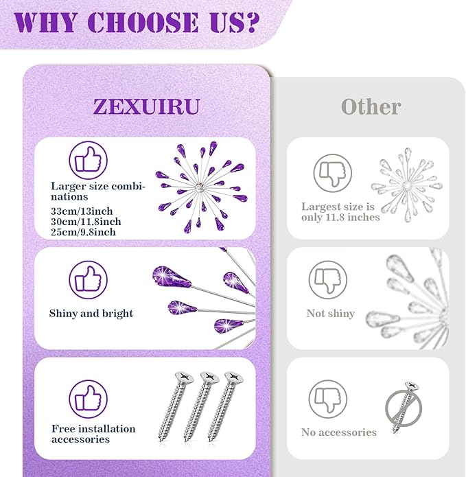 ZEXUIRU 4 Pcs Purple Starburst Wall Decor Metal Bling Wall Art Crystal Accents 3D Modern Decoration Glam Hanging Sculptures for Living Room Bedroom Office Teen Girl Room – Easy to Hang Home Decor Set