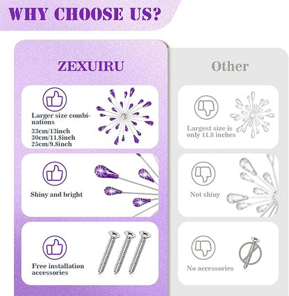 ZEXUIRU 4 Pcs Purple Starburst Wall Decor Metal Bling Wall Art Crystal Accents 3D Modern Decoration Glam Hanging Sculptures for Living Room Bedroom Office Teen Girl Room – Easy to Hang Home Decor Set