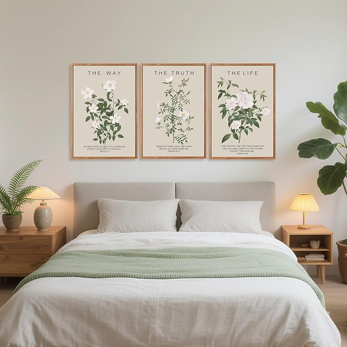 Aurlan The Way The Truth The Life Bible Verse Framed Wall Art(24"x36"), 3PCS Boho Christian Scripture Canvas Artwork, Large Floral Botanical Job 23:11 Psalm 43:3 John 14:6 Decor for Home Bedroom